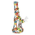 8" Printed Ribbed Silicone Water Pipe with Glass Sides - Skulls