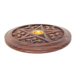 5" Round Wood Carved Stick/Cone Incense Burner - Pentacle